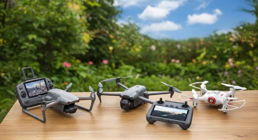 comparison of 2026 drones featuring the budget syma x20, professional dji mavic 4 pro, and high tech autel evo max 4t v2 on a sky background