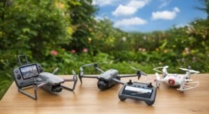 comparison of 2026 drones featuring the budget syma x20, professional dji mavic 4 pro, and high tech autel evo max 4t v2 on a sky background