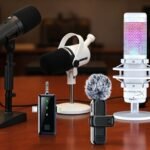 comparison of three different microphones for content creators in 2026 a wireless lavier mic hyperx quadcast s and shure mv7+ on a professional studio desk