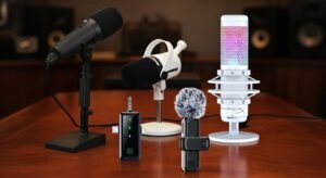 comparison of three different microphones for content creators in 2026 a wireless lavier mic hyperx quadcast s and shure mv7+ on a professional studio desk