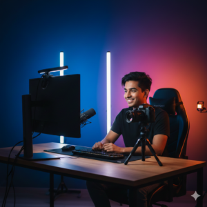 professional content creator studio setup featuring rgb background lighting and desk camera gear