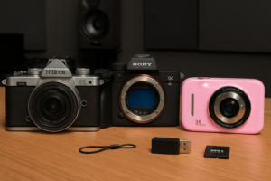 Comparison of three cameras: a budget pink 4K vlogging camera for teens, a retro-style silver Nikon Z fc bundle, and a professional black Sony Alpha 1 mirrorless camera.