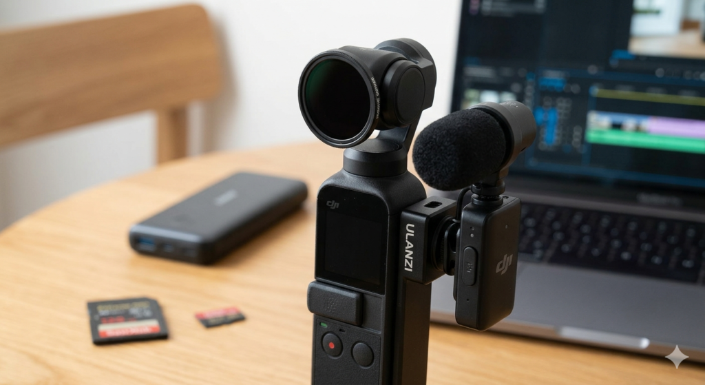 dji osmo pocket 3 equipped with dji mic 2 and neewer filters, shown on a desk alongside sandisk v60 sd card and anker 737 power bank as tech solutions for creators.
