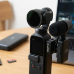 dji osmo pocket 3 equipped with dji mic 2 and neewer filters, shown on a desk alongside sandisk v60 sd card and anker 737 power bank as tech solutions for creators.