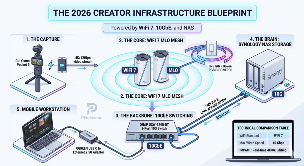 high speed professional home studio network diagram showing dji pocket 3 and wifi 7 routers.